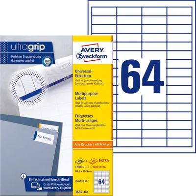 Etykiety Samoprzylepne Avery 48.5x16.9 64/A4 A'200 Białe No.3667-200