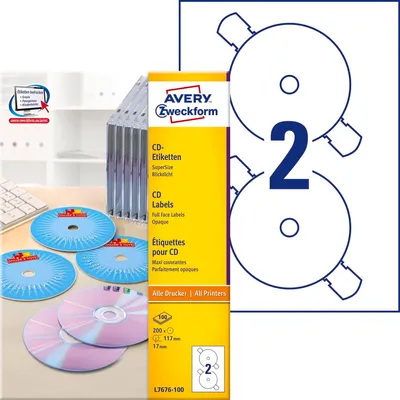 Etykiety Samoprzylepne na CD SuperSize Avery 2/A4 A'100 Białe No.L7676-100
