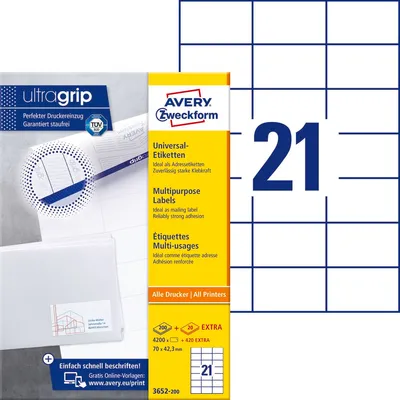 Etykiety Samoprzylepne Avery 70x42.3 21/A4 A'200 Białe No. 3652-200