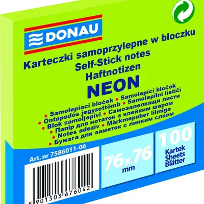Bloczek Samoprzylepny Donau 76X76mm 1X100 Kart. Neon Zielony