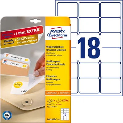 Etykiety Samop. Avery 63,5 x 46,6 mm 18/A4 A'25 Usuwalne Białe No.L6025REV-25