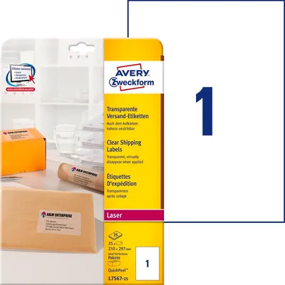 Etykiety Samop. Avery 210x297 1/A4 A'25 QuickPeel Transparentne No.L7567-25