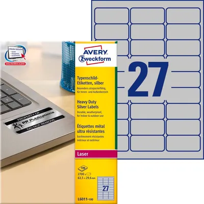 Etykiety Znamionowe Avery 63,5x29,6 27/A4 A'100 Srebrne No.L6011-100