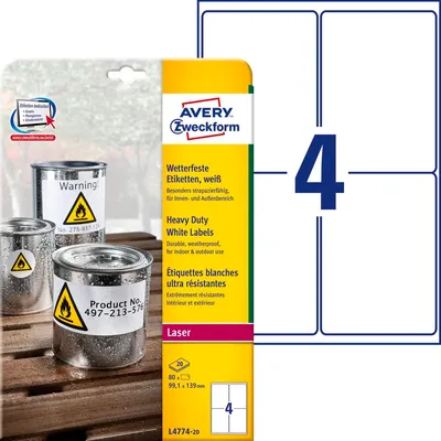 Etykiety Samop. Avery HD Foliowe 99,1x139 4/A4 A'20 Białe No.L4774-20