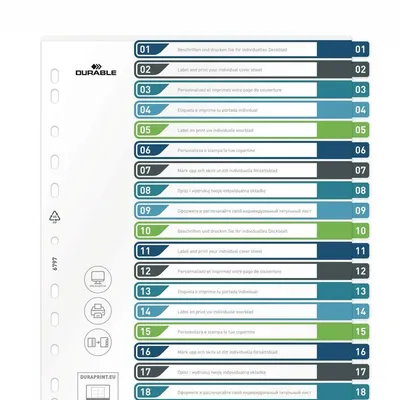 Przekładki A4+ 20 części 1-20 kolorowe indeksy i przednia okładka PP do opisu / Durable