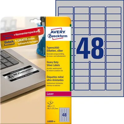 Etykiety Znamionowe Avery 45.7x21.2mm 48/A4 A'8 Srebrne No.L6009-8