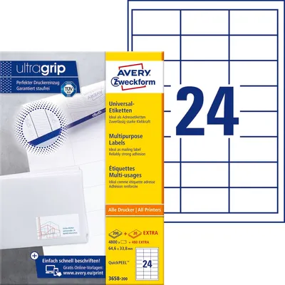 Etykiety Samoprzylepne Avery 64.6x33.8 24/A4 A'200 Białe No.3658-200