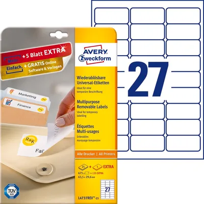 Etykiety Samop. Avery 63,5x29,6 27/A4 A'25 Usuwalne Białe No.L4737REV-25