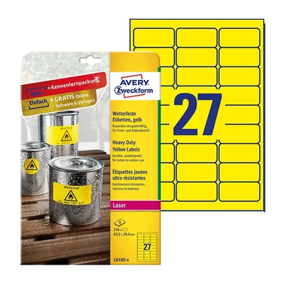 Etykiety Poliestrowe Wodoodporne Avery 63.5x29.6mm 27/A4 A'8 Żółte No.L6105-8