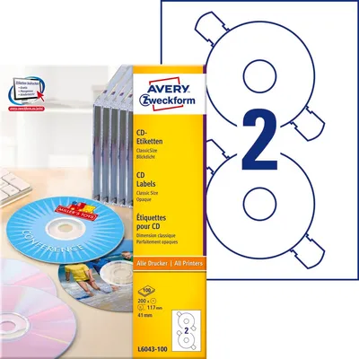 Etykiety Samop. Avery na CD 2/A4 A'100 Inkjet/Laser Białe Mat No.L6043-100