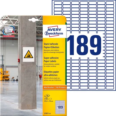 Etykiety Papierowe Avery 25,4x10 20/A4 A'189 Białe No.L7871-20