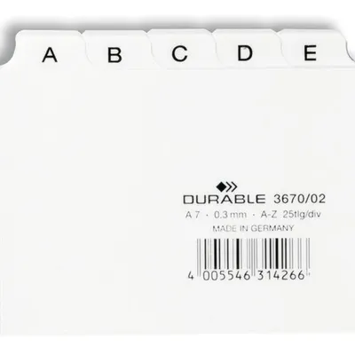 Przekładki do Kartotek A-Z 5/5 PCW 0,3mm Indeksy 20mm Poziome A7 25szt. Białe /Durable 367002