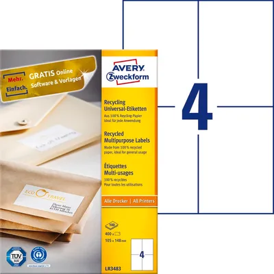 Etykiety Samoprzylepne Recyklingowane Avery 105x148 4/A4 A'100 Białe No.LR3483