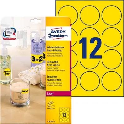 Etykiety Neonowe Usuwalne Okrągłe Avery śr. 63,5mm 12/A4 A'25 Żółte No.L7670Y-25