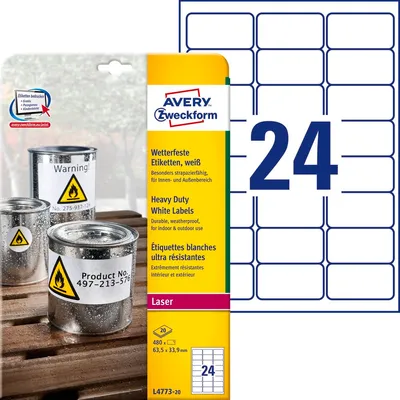 Etykiety Samop. Avery HD Foliowe 63,5x33,9 24/A4 A'20 Białe No.L4773-20