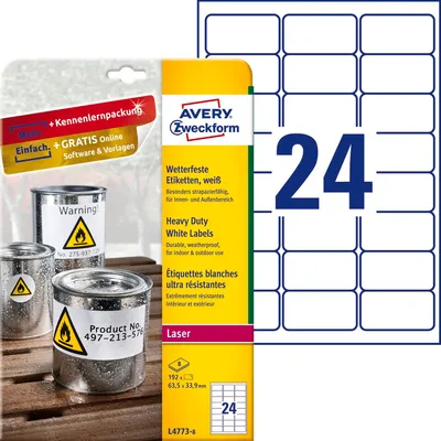 Etykiety Poliestrowe Wodoodporne Avery 63.5x33.9mm 24/A4 A'8 No.L4773-8