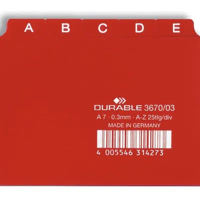 Przekładki do Kartotek A-Z 5/5 PCW 0,3mm Indeksy 20mm Poziome A7 25szt. Czerwone /Durable 367003