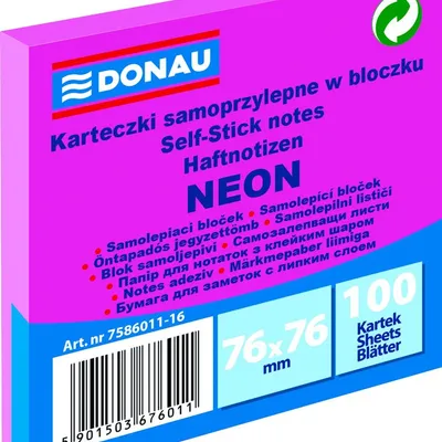 Bloczek Samoprzylepny Donau 76X76mm 1X100 Kart. Neon Różowy