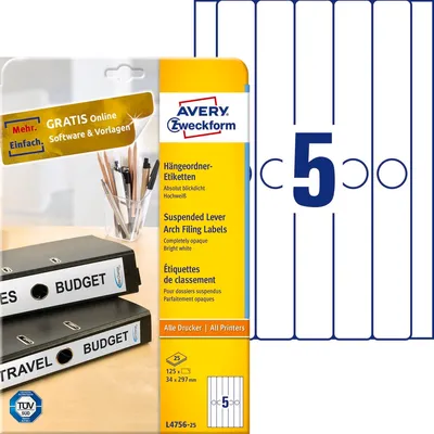Etykiety do segregatora podwieszanego Avery 34x297 5/A4 A'25 Białe No.L4756-25