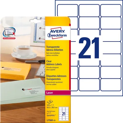 Etykiety Samop. Avery 63,5x38,1 21/A4 A'25 QuickPeel Transparentne No.L7560-25