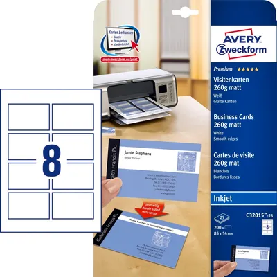 Wizytówki Obustronne Quick&Clean 260g 200szt. Avery 85x54 Białe Matowe No.C32015-25