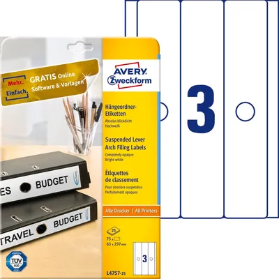 Etykiety do segregatora podwieszanego Avery 63x297 3/A4 A'25 Białe No.L4757-25