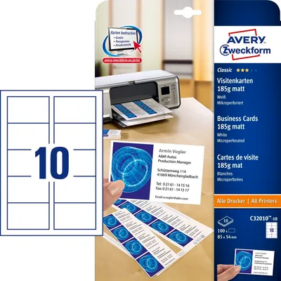 Wizytówki Obustronne Quick&Clean z Mikroperforacją 185g 100szt. Avery 85x54 Białe Matowe No.C32010-10