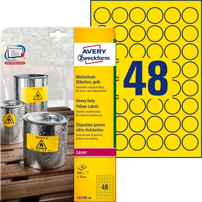 Etykiety Samoprzylepne Heavy Duty Avery śr. 30mm 48/A4 A'20 Żółte No.L6128-20