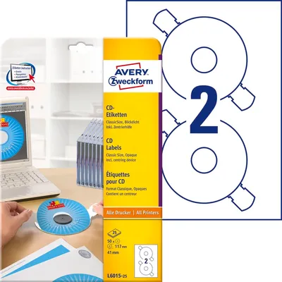 Etykiety Samop. Avery na CD 2/A4 A'25 Inkjet/Laser Białe Mat No.L6015-25