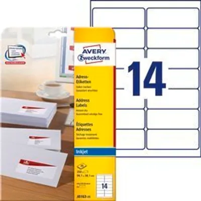 Samoprzylepne etykiety adresowe Avery 99.1x38.1 14/A4 A'25 białe No.J8163-25