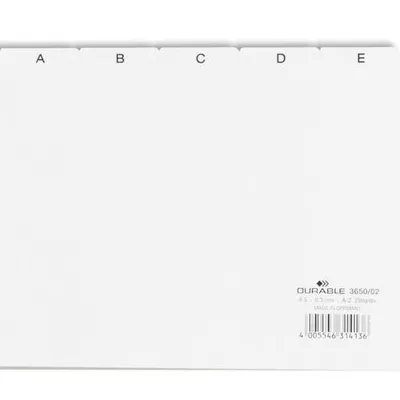 Przekładki do Kartotek A-Z 5/5 PCW 0,3mm Indeksy 40mm Poziome A5 25cz. Białe /Durable 365002