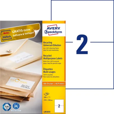 Etykiety Samoprzylepne Recyklingowane Avery 210x148 2/A4 A'100 Białe No.LR3655