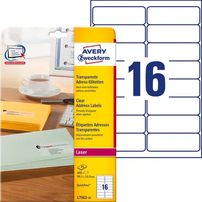 Samoprzylepne etykiety adresowe Avery 99,1x33,9 16/A4 A'25 przezroczyste No.L7562-25