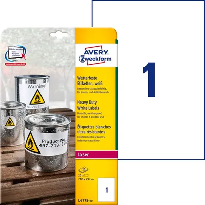 Etykiety Samop. Avery HD Foliowe 210x297 1/A4 A'20 Białe No.L4775-20