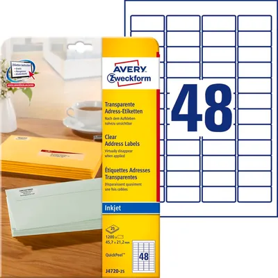 Samoprzylepne etykiety adresowe Avery 45.7x21.2 48/A4 A'25 przezroczyste No.J4720-25