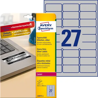 Etykiety Znamionowe Avery 63.5x29.6mm 27/A4 A'8 Srebrne No.L6011-8