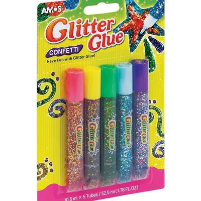 Klej z brokatem AMOS confetti GCF10B5 – 10,5ml x 5 kolorów