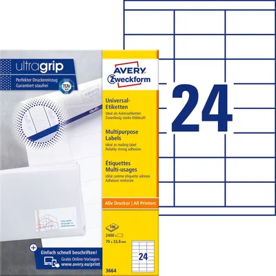 Etykiety Samoprzylepne Avery 70x33.8 24/A4 A'100 Białe No.3664