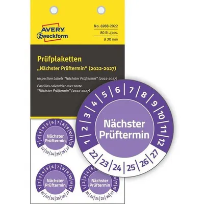 Etykieta Inspekcyjne Okrągła White on Purple, Winylowe, Data przeglądu, 80szt., Avery Zweckform 6988-2022