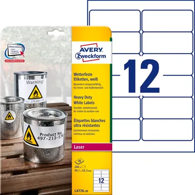 Etykiety Samop. Avery HD Foliowe 99,1x42,3 12/A4 A'20 Białe No.L4776-20