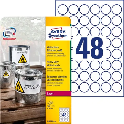 Etykiety Samoprzylepne Heavy Duty Okrągłe Avery śr. 30mm 48/A4 A'20 Białe No.L4716-20