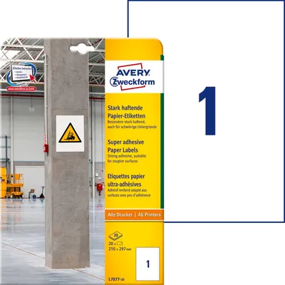 Etykiety Papierowe Avery 210x297 20/A4 A'1 Białe No.7877-20