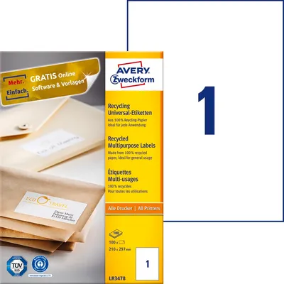 Etykiety Samoprzylepne Recyklingowane Avery 210x297 1/A4 A'100 Białe No.LR3478