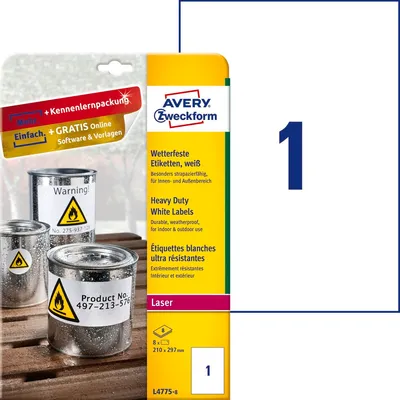 Etykiety Poliestrowe Wodoodporne Avery 210x297mm 1/A4 A'8 Białe No.L4775-8
