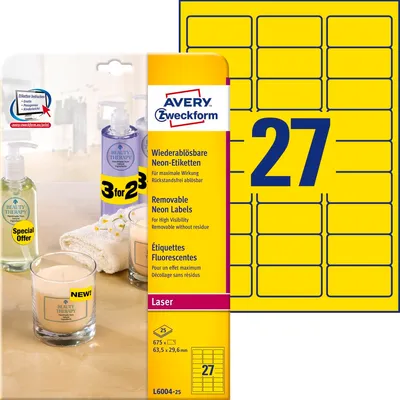 Etykiety Usuwalne Neonowe Avery 63.5x29.6 27/A4 A'25 Żółte No.L6004-25