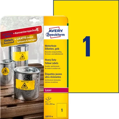 Etykiety Poliestrowe Wodoodporne Avery 210x297mm 1/A4 A'8 Żółte No.L6111-8