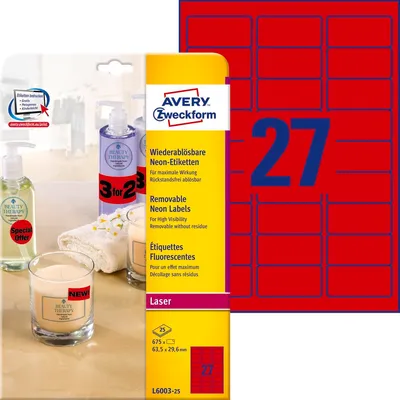 Etykiety Usuwalne Neonowe Avery 63.5x29.6 27/A4 A'25 Czerwone No.L6003-25