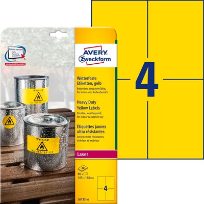 Etykiety Poliestrowe Wodoodporne Avery 105x148mm 4/A4 A'20 Żółte No.L6132-20