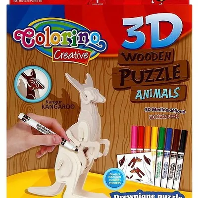 Puzzle Drewniane 3D Do Malowania Kangur + Akcesoria /Colorino