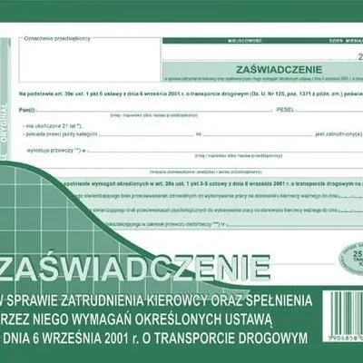 Zaświadczenie Zatrudnienia Kierowcy A5 Oryg.+1k 820-3 /MiP